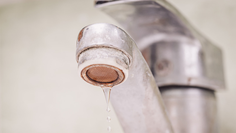 A faucet covered in hard water stains drips water from the spout.