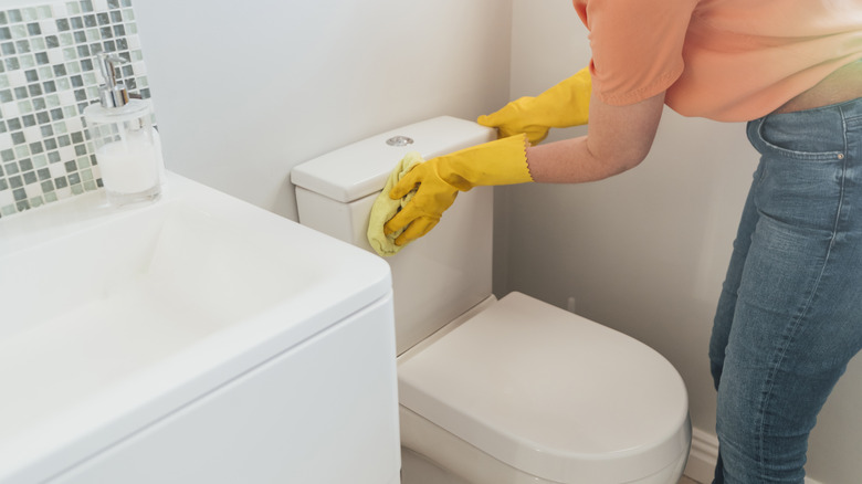 Woman cleaning toilet