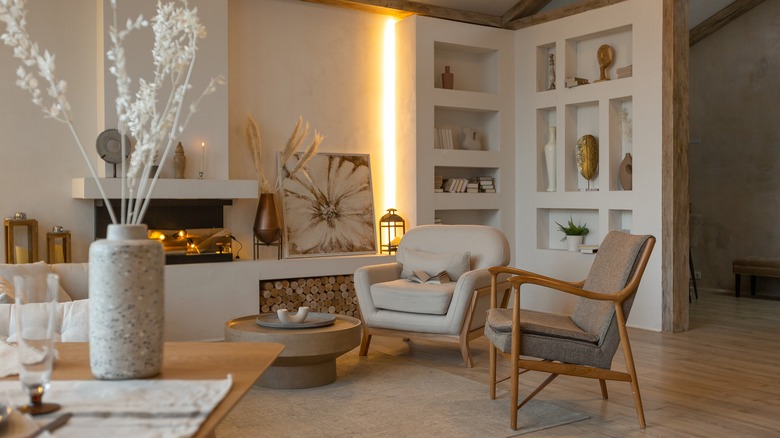 A living room with wood-stained elements