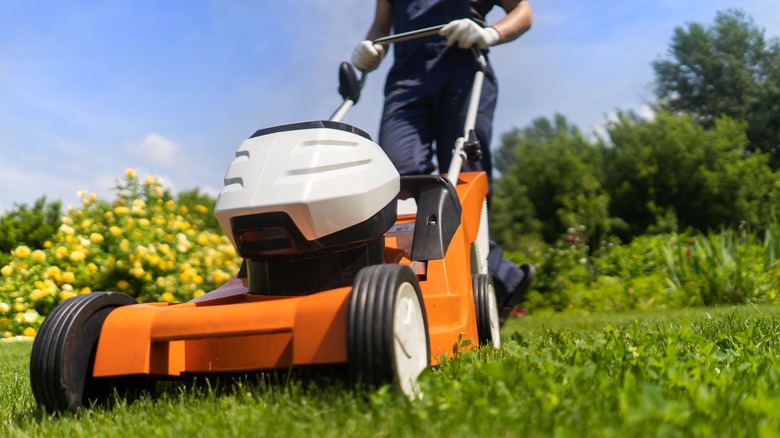 mowing a lawn