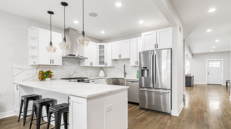 three pendants above kitchen counter