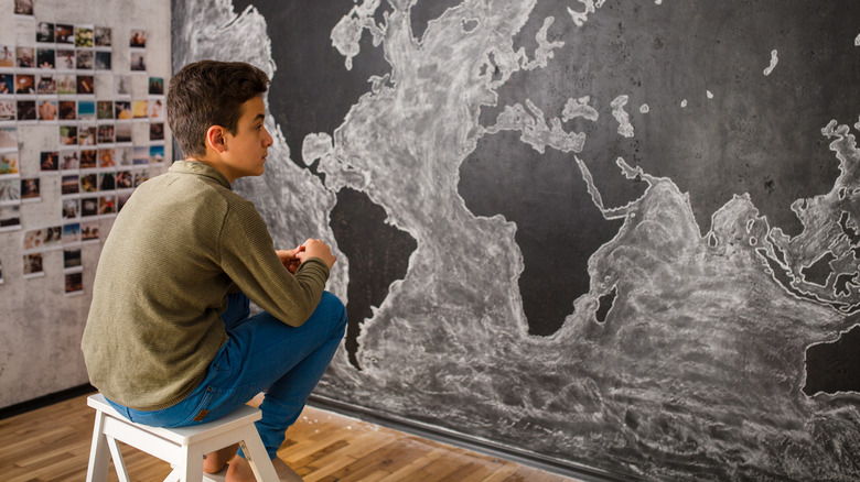 A boy looking at a wall mural 