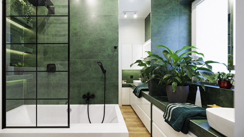 Green marble tile wall in modern bathroom