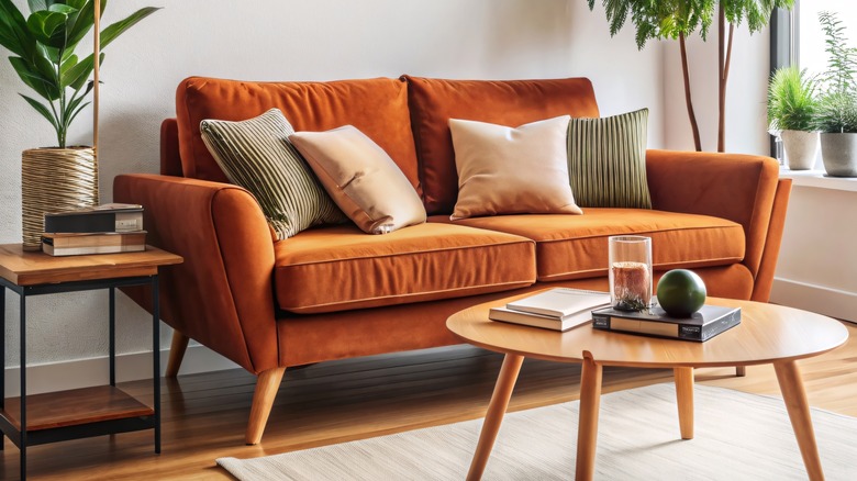 Small orange loveseat and coffee table