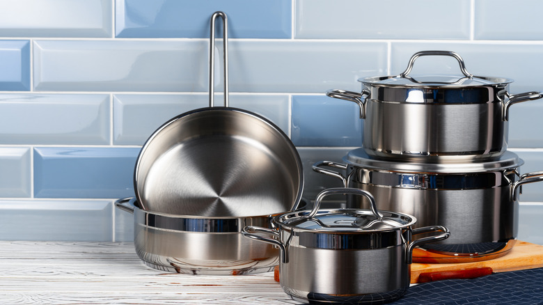 Cookware on kitchen countertop