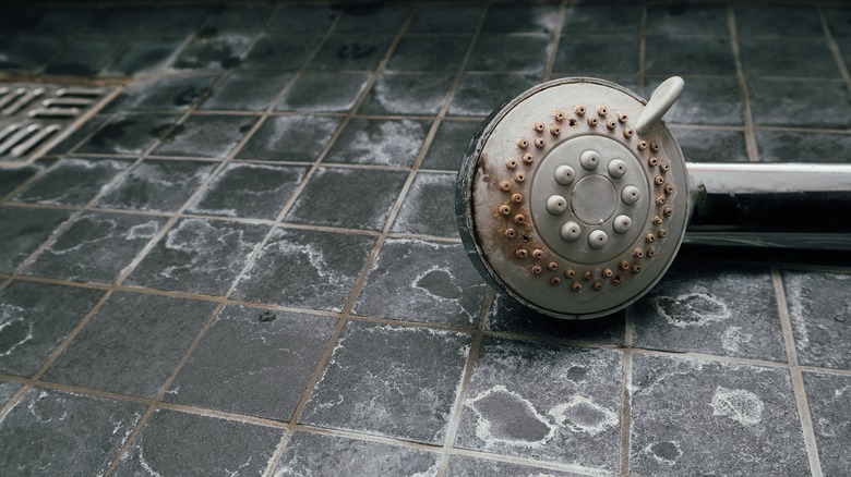 Hard water stains on the shower floor