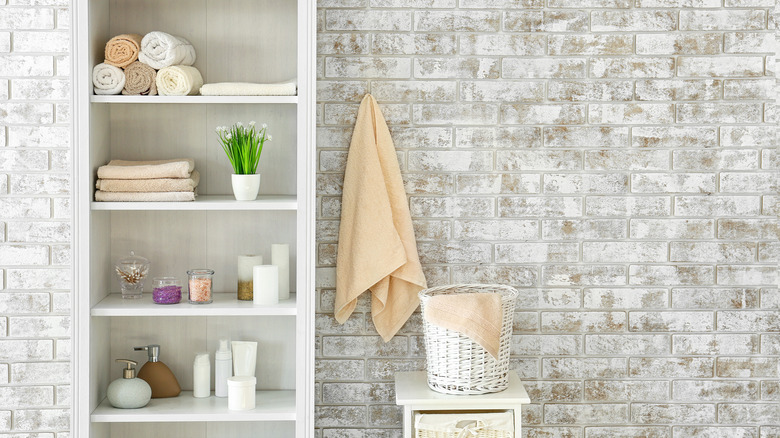 white styled shelves in bathroom