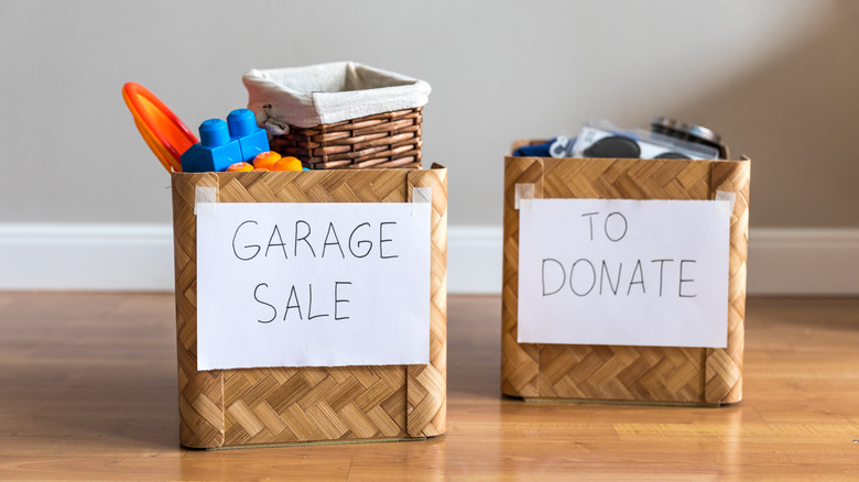 labeled bins filled with possessions