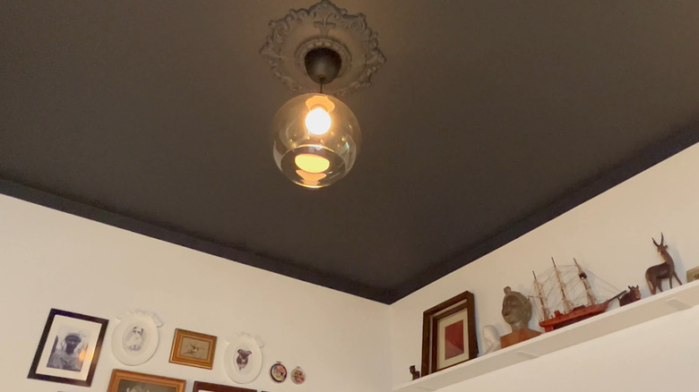 A room with white walls and a black ceiling, with a medallion and shelves holding decor