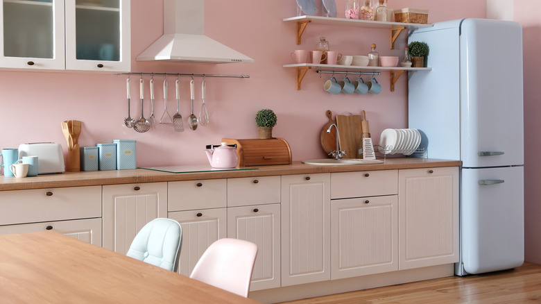 Soft blue and pink kitchen