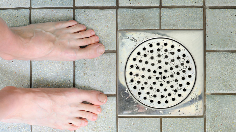 A pair of feet standing in front of a shower drain