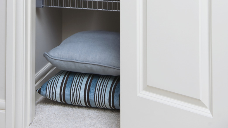 A basic linen closet with white doors holds towels and toilet paper