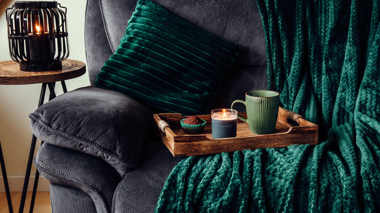 wooden tray on couch