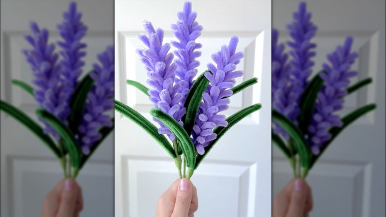 Bouquet of faux lavender flowers made from pipe cleaners