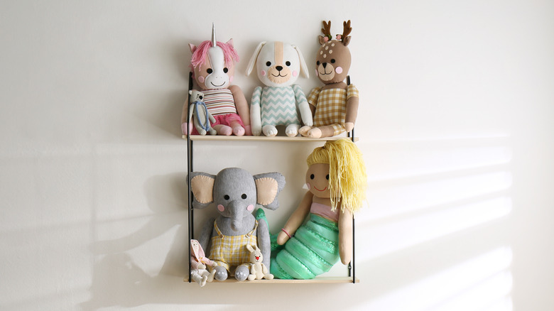 shelves with stuffed animals