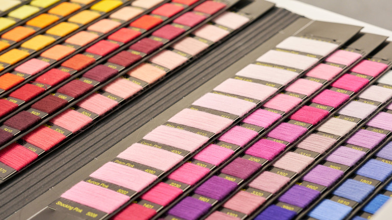 Color swatches on a table at a textile show