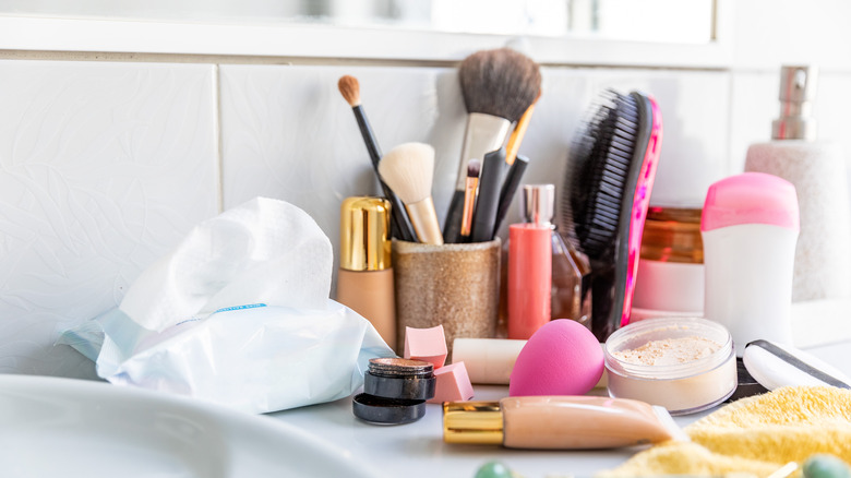 beauty products on bathroom counter