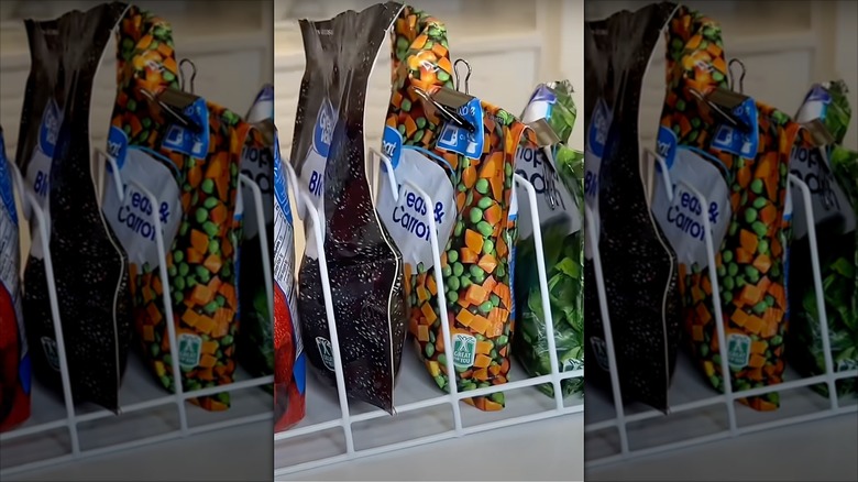 frozen food bags are upright and organized with a Dollar Tree dish drying rack