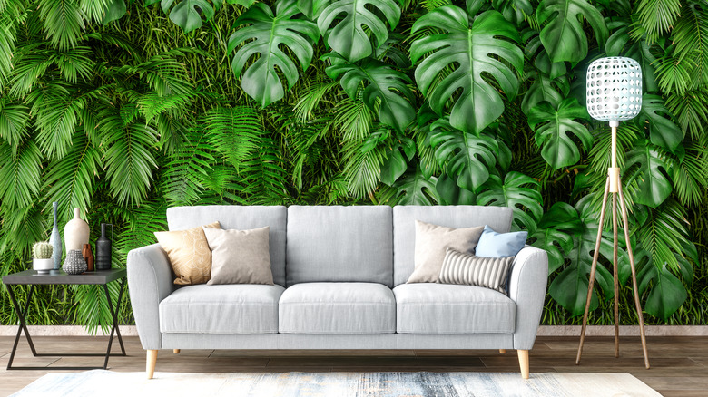 sofa in front of plant wall