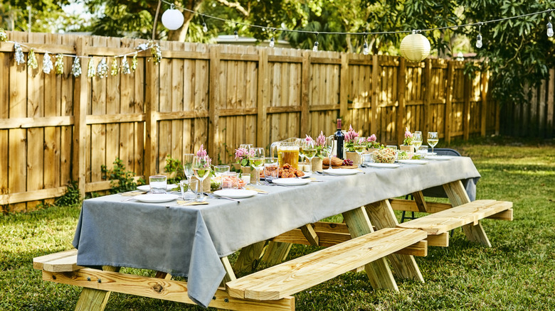 A plain wooden fence surrounds a backyard picnic table