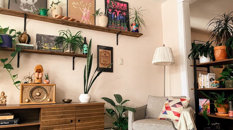 open wood shelving on wall 