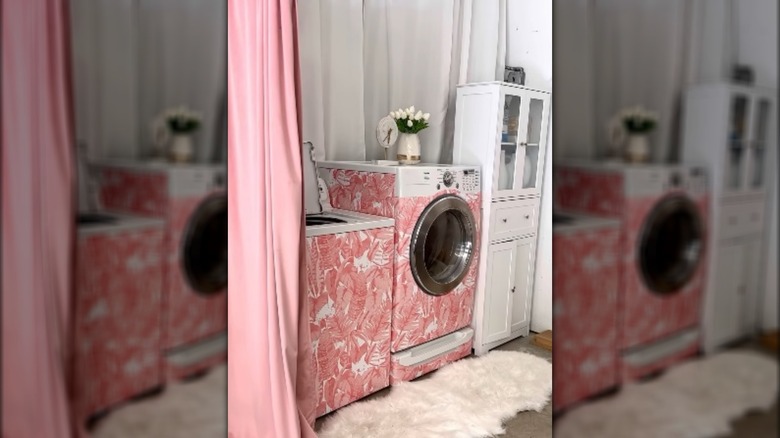 Pink printed laundry room