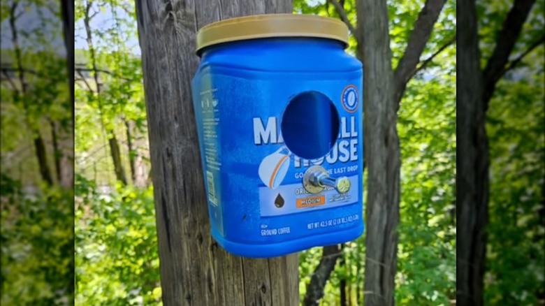 Blue coffee container birdhouse