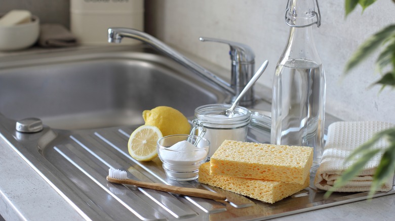 Lemons, salt, sponges on sink