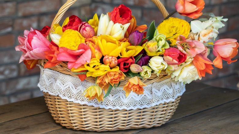 Tulips in a woven basket