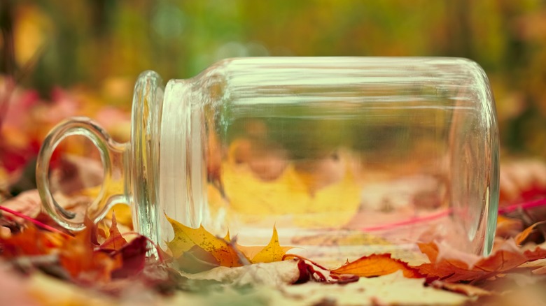 Glass jar on fall leaves