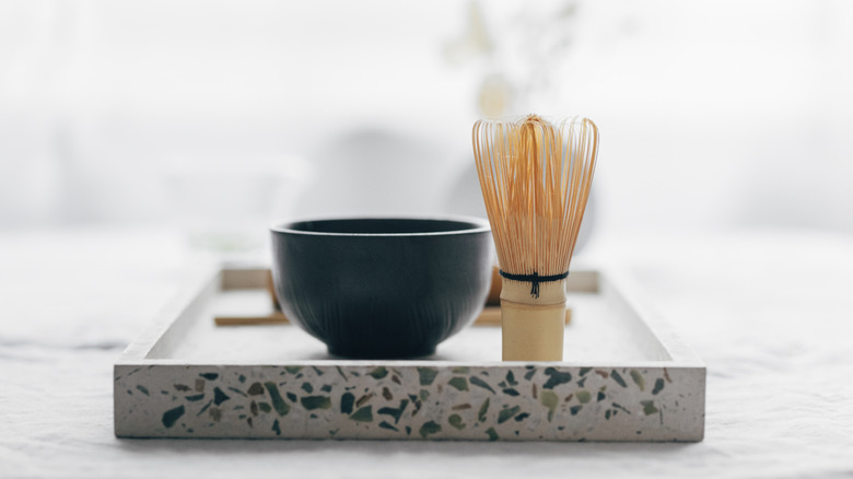 DIY decorative tray with matcha wisk and bowl