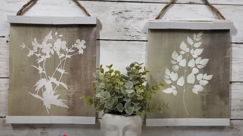 Hanging scroll canvas artwork with florals