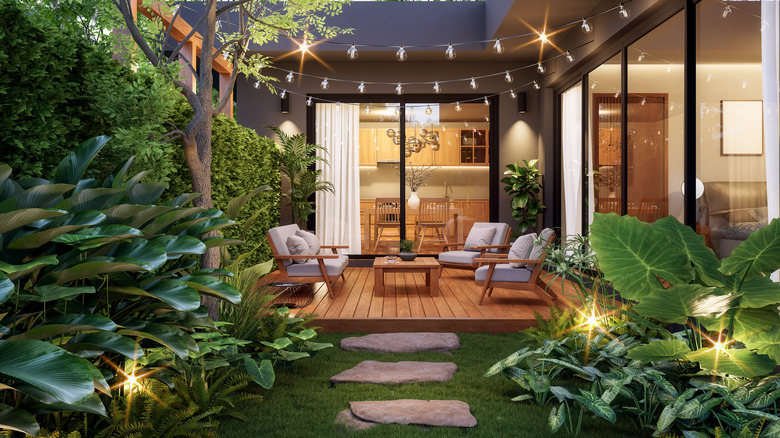 wooden patio with lights