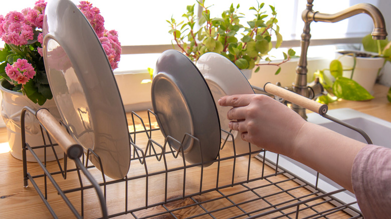 woman using plate rack 