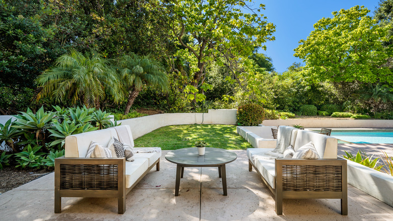 backyard garden with outdoor seating