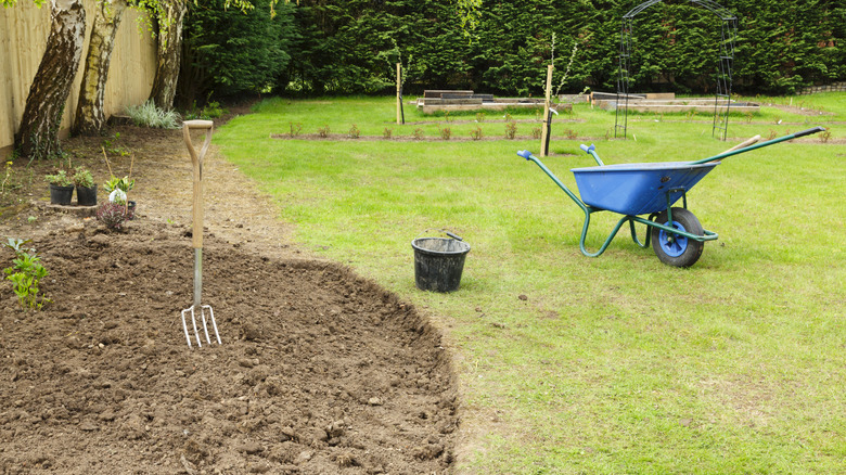 Freshly tilled garden bed and wheelbarrow in a yard