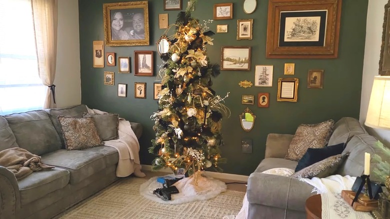 Gallery wall and Christmas tree with black bows