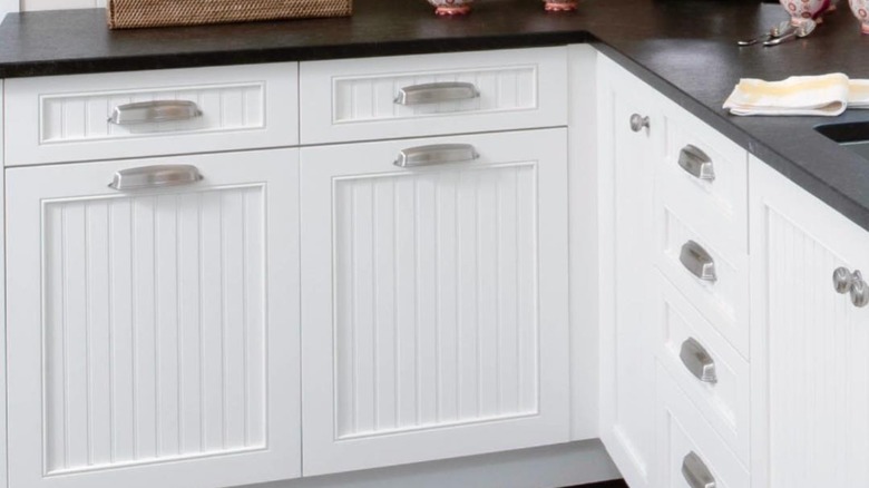 white beadboard kitchen cabinets