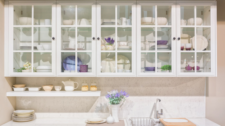 white glass-front kitchen cabinets