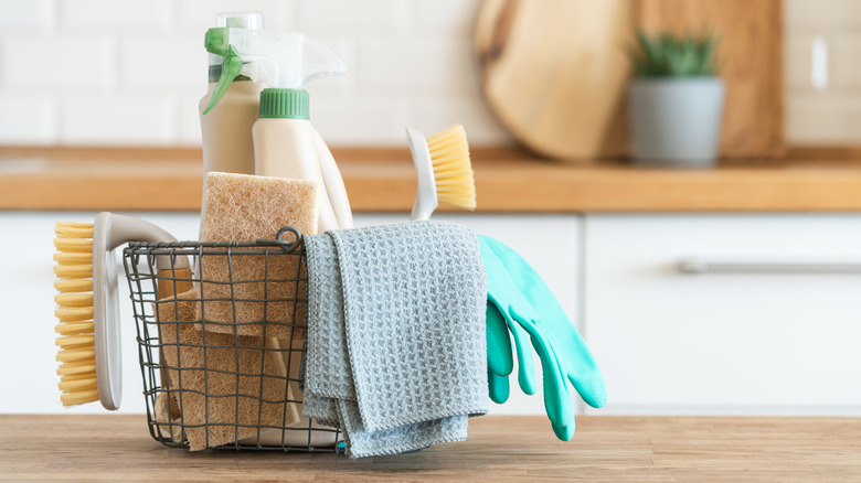 Cleaning caddy on kitchen counter