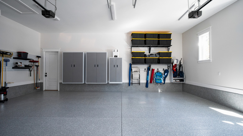 A garage floor is clean and stain-free.