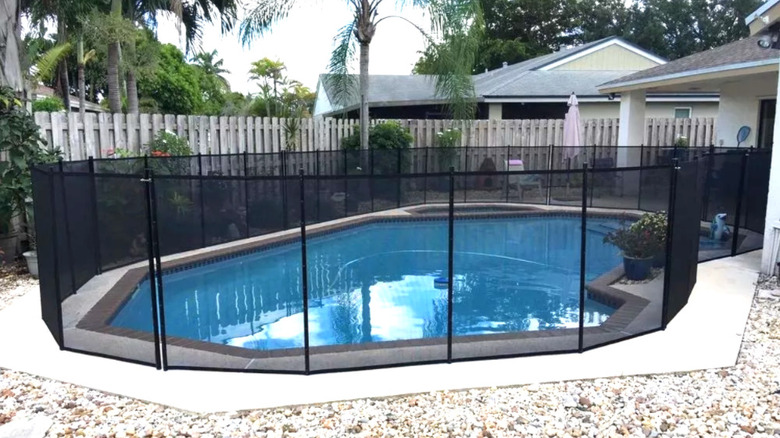 Modern backyard pool with black safety fence