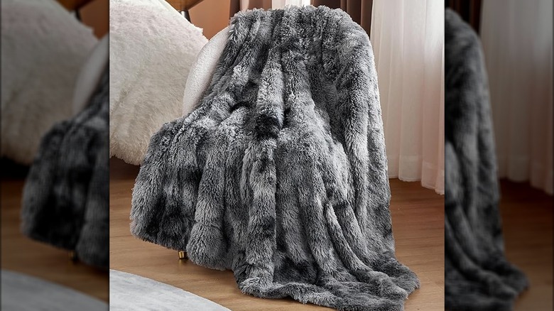 Gray Bedsure blanket draped over chair