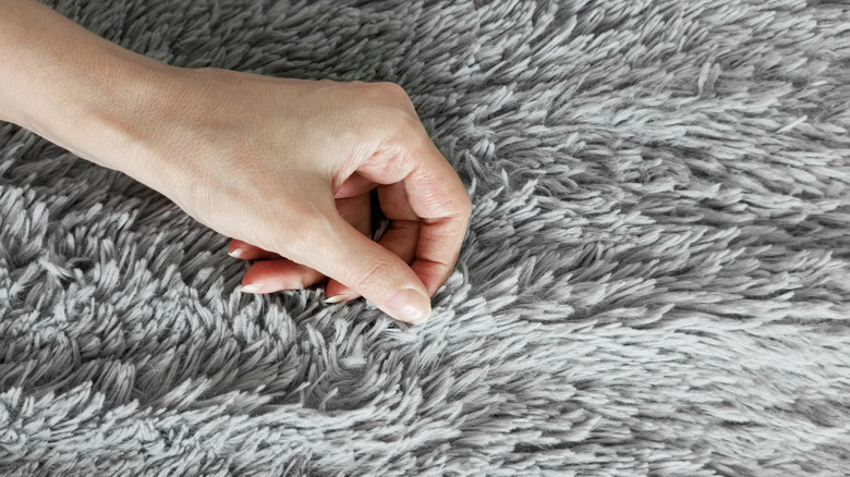 Person''s hand touching fur blanket