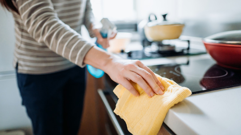 Woman cleaning the kitchen with a rag and cleaner