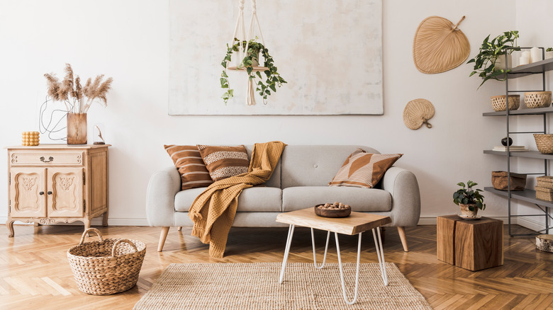 Minimalist gray sofa in living room