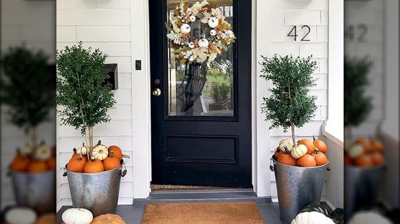 large planters with pumpkins inside