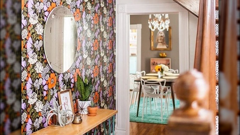 Foyer with floral wallpaper