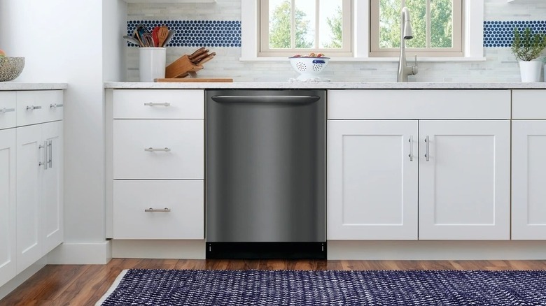 Gray Frigidaire dishwasher installed in kitchen