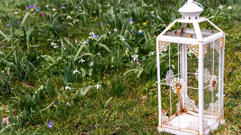 white rusted lantern on grass